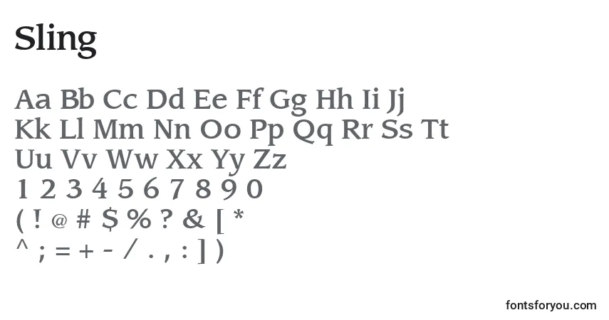 Czcionka Sling – alfabet, cyfry, specjalne znaki