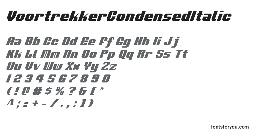 Шрифт VoortrekkerCondensedItalic – алфавит, цифры, специальные символы