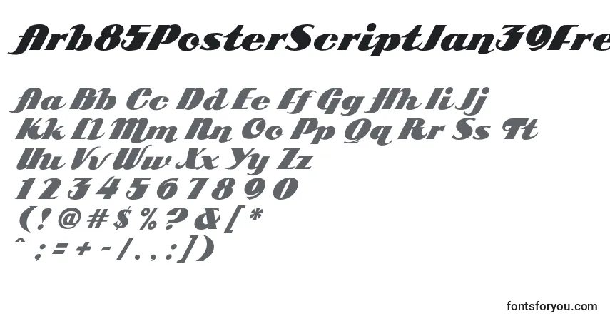 Czcionka Arb85PosterScriptJan39Fre – alfabet, cyfry, specjalne znaki
