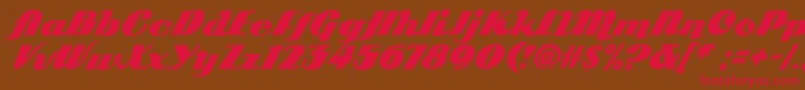 フォントArb85PosterScriptJan39Fre – 赤い文字が茶色の背景にあります。