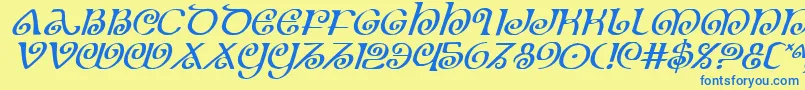 フォントTheShireItalic – 青い文字が黄色の背景にあります。