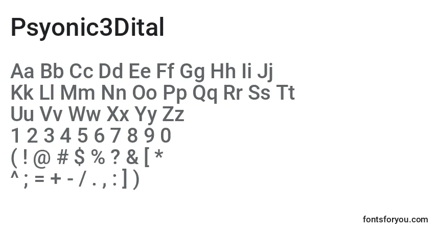 A fonte Psyonic3Dital – alfabeto, números, caracteres especiais
