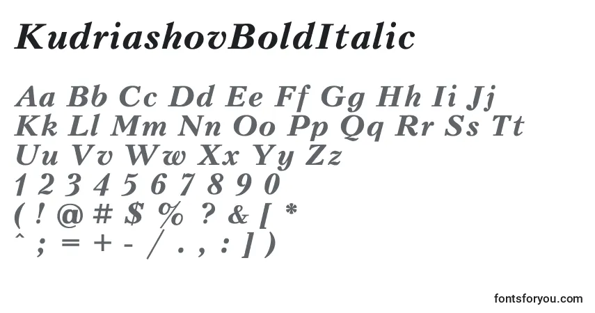 Schriftart KudriashovBoldItalic – Alphabet, Zahlen, spezielle Symbole