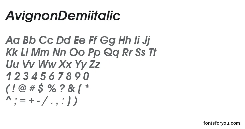 Czcionka AvignonDemiitalic – alfabet, cyfry, specjalne znaki