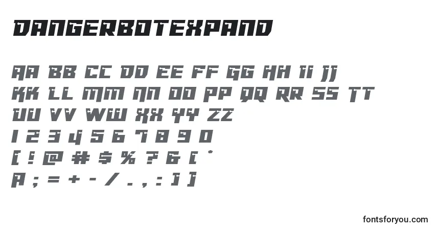 Czcionka Dangerbotexpand – alfabet, cyfry, specjalne znaki