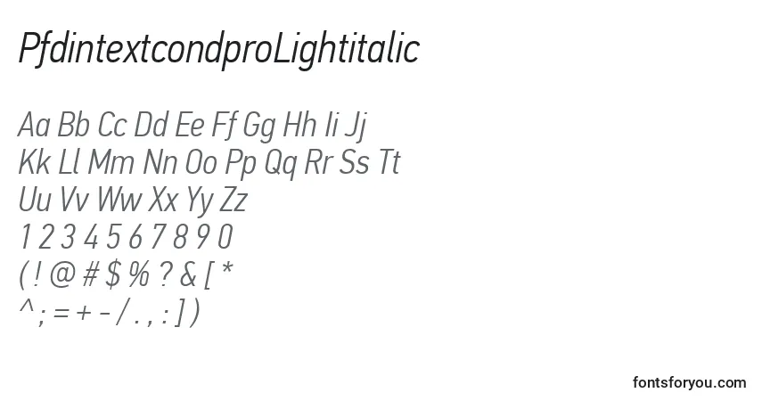 Czcionka PfdintextcondproLightitalic – alfabet, cyfry, specjalne znaki
