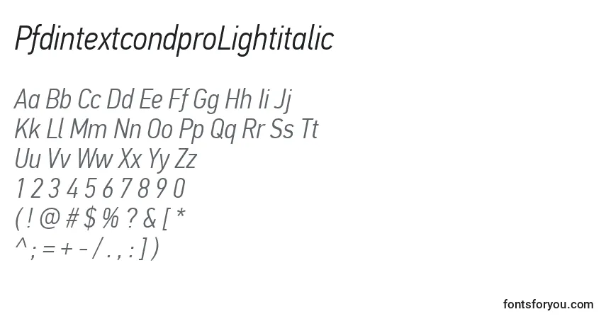 A fonte PfdintextcondproLightitalic – alfabeto, números, caracteres especiais