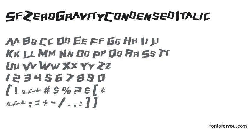Шрифт SfZeroGravityCondensedItalic – алфавит, цифры, специальные символы