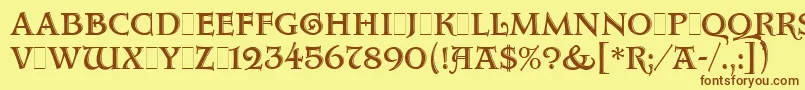 フォントAquitaineInitialsLetPlain.1.0 – 茶色の文字が黄色の背景にあります。