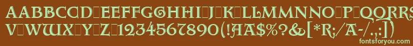 フォントAquitaineInitialsLetPlain.1.0 – 緑色の文字が茶色の背景にあります。