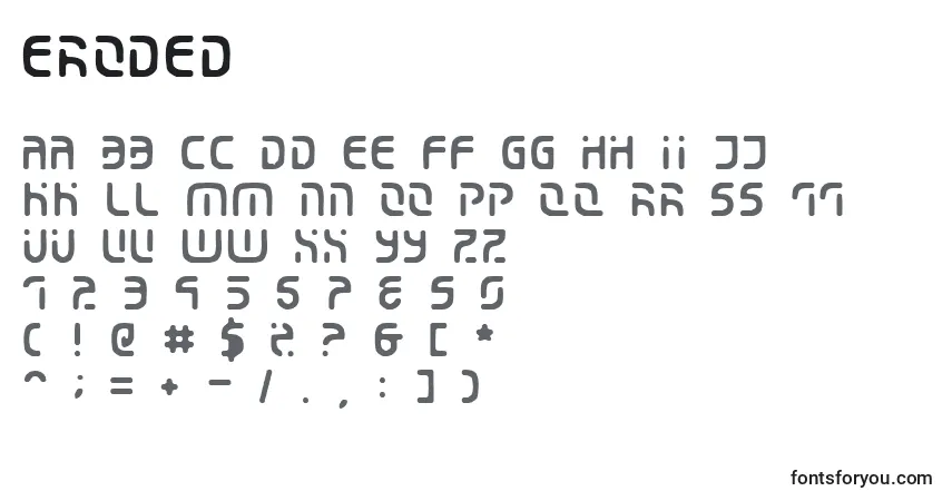 Czcionka Eroded – alfabet, cyfry, specjalne znaki