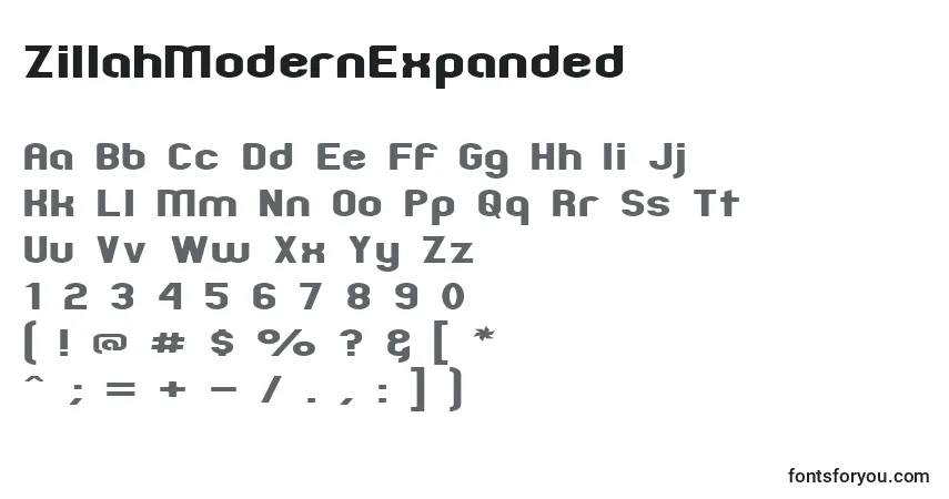 Czcionka ZillahModernExpanded – alfabet, cyfry, specjalne znaki