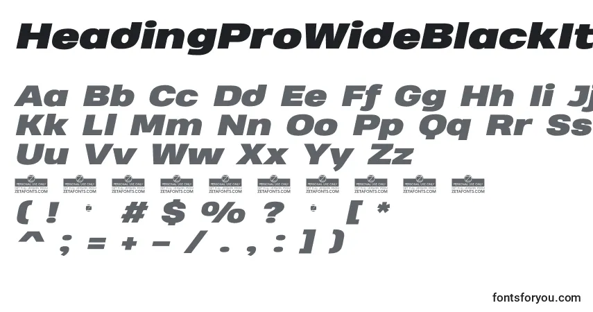 Czcionka HeadingProWideBlackItalicTrial – alfabet, cyfry, specjalne znaki
