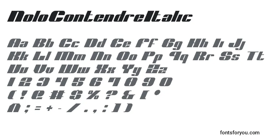 A fonte NoloContendreItalic – alfabeto, números, caracteres especiais