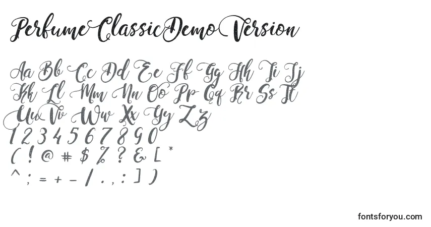 Czcionka PerfumeClassicDemoVersion – alfabet, cyfry, specjalne znaki