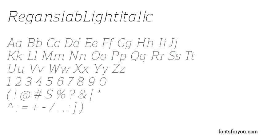A fonte ReganslabLightitalic – alfabeto, números, caracteres especiais