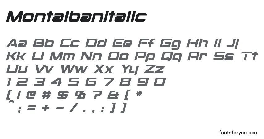 Schriftart MontalbanItalic – Alphabet, Zahlen, spezielle Symbole