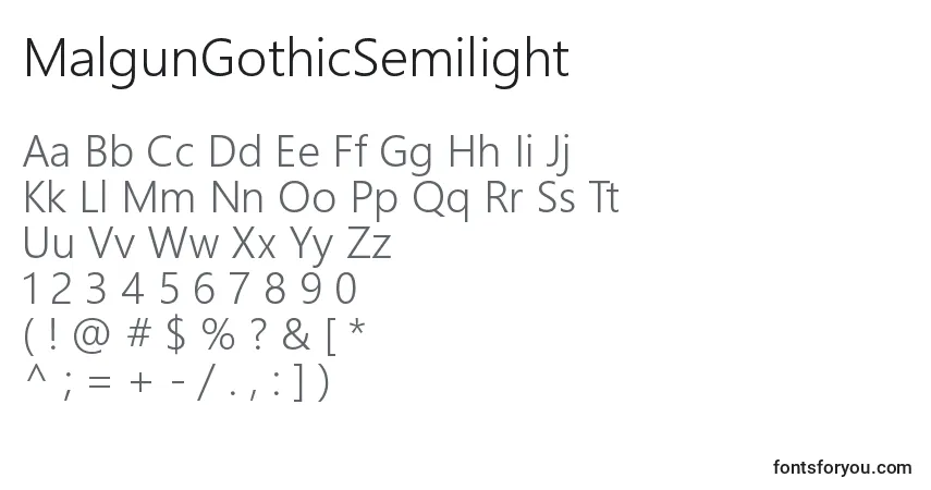 A fonte MalgunGothicSemilight – alfabeto, números, caracteres especiais