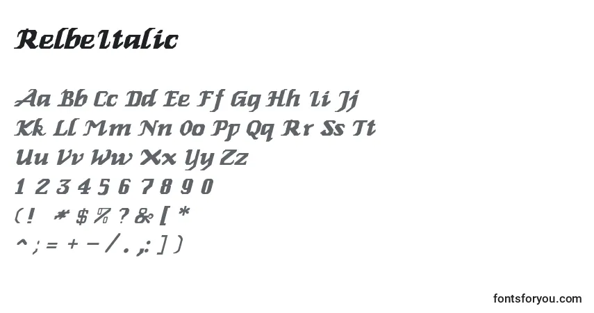 Schriftart RelbeItalic – Alphabet, Zahlen, spezielle Symbole