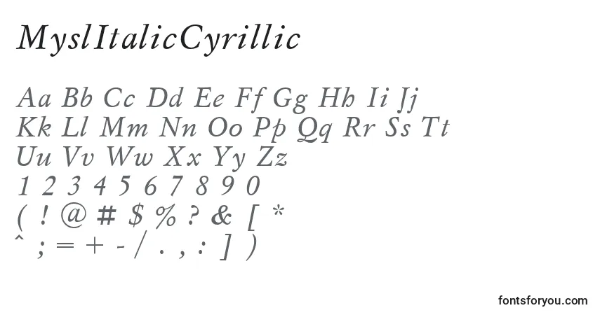 MyslItalicCyrillicフォント–アルファベット、数字、特殊文字