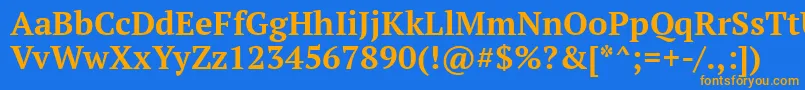 フォントPtf75f – オレンジ色の文字が青い背景にあります。