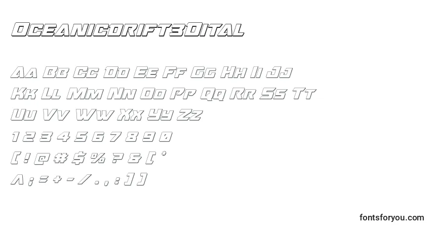 A fonte Oceanicdrift3Dital – alfabeto, números, caracteres especiais