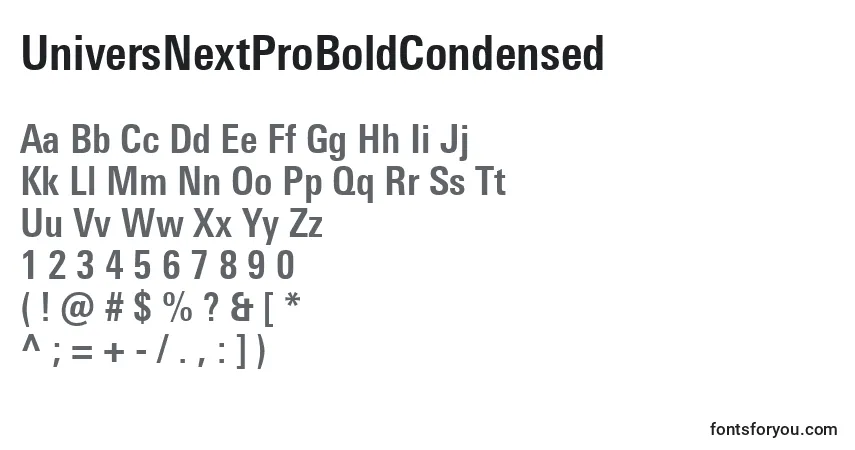 A fonte UniversNextProBoldCondensed – alfabeto, números, caracteres especiais