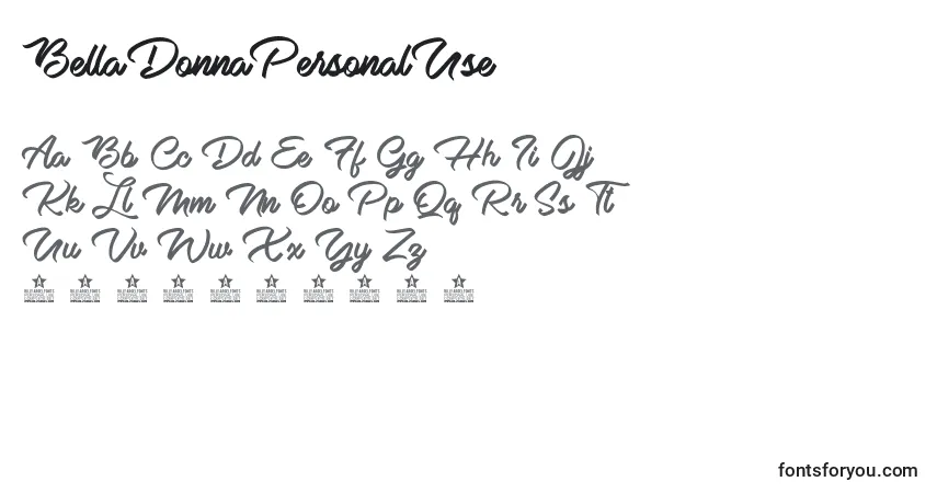 Schriftart BellaDonnaPersonalUse – Alphabet, Zahlen, spezielle Symbole