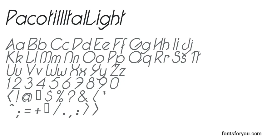 Шрифт PacotillItalLight – алфавит, цифры, специальные символы