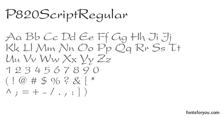 Czcionka P820ScriptRegular – alfabet, cyfry, specjalne znaki