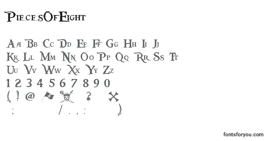 A fonte PiecesOfEight – alfabeto, números, caracteres especiais