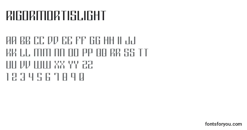 Czcionka Rigormortislight – alfabet, cyfry, specjalne znaki