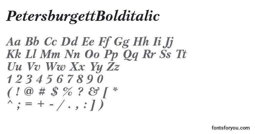 A fonte PetersburgettBolditalic – alfabeto, números, caracteres especiais