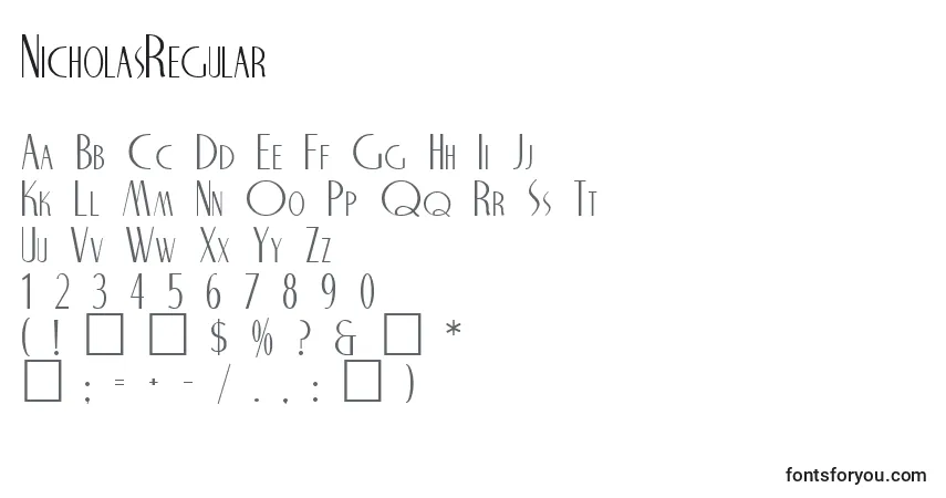 Schriftart NicholasRegular – Alphabet, Zahlen, spezielle Symbole