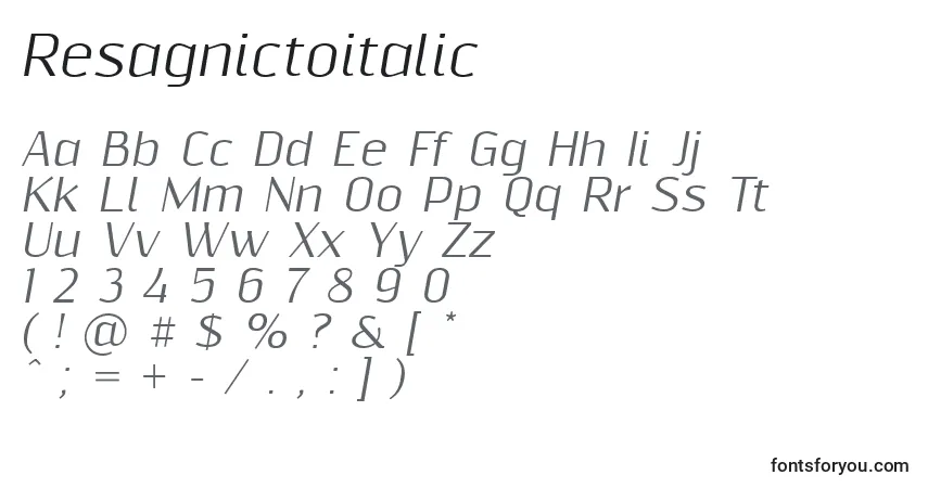 Czcionka Resagnictoitalic – alfabet, cyfry, specjalne znaki