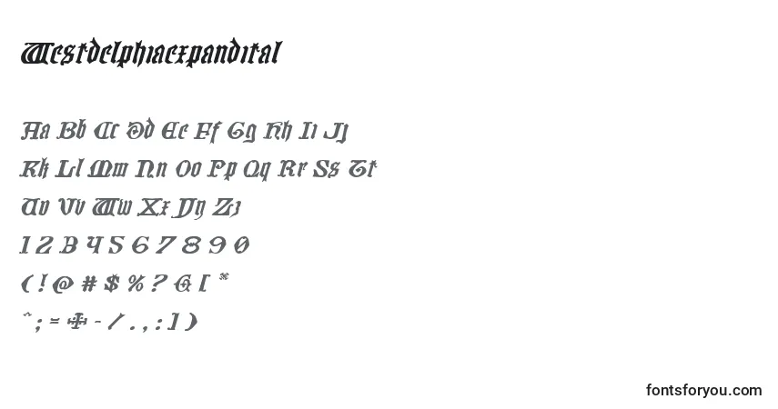 Шрифт Westdelphiaexpandital – алфавит, цифры, специальные символы