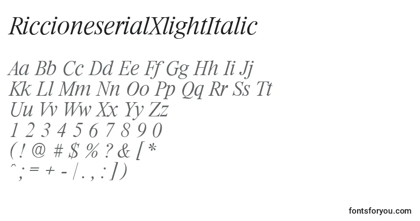Schriftart RiccioneserialXlightItalic – Alphabet, Zahlen, spezielle Symbole
