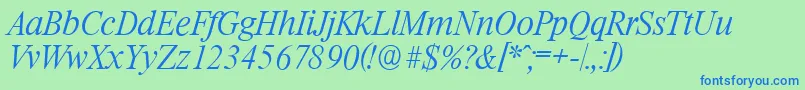 RiccioneserialXlightItalic-Schriftart – Blaue Schriften auf grünem Hintergrund