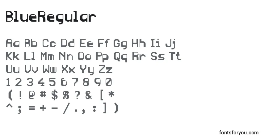 Czcionka BlueRegular – alfabet, cyfry, specjalne znaki