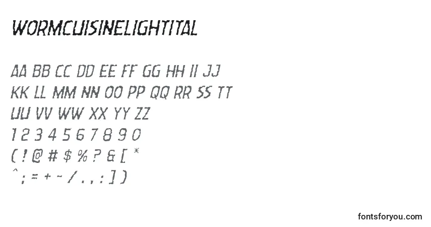 A fonte Wormcuisinelightital – alfabeto, números, caracteres especiais