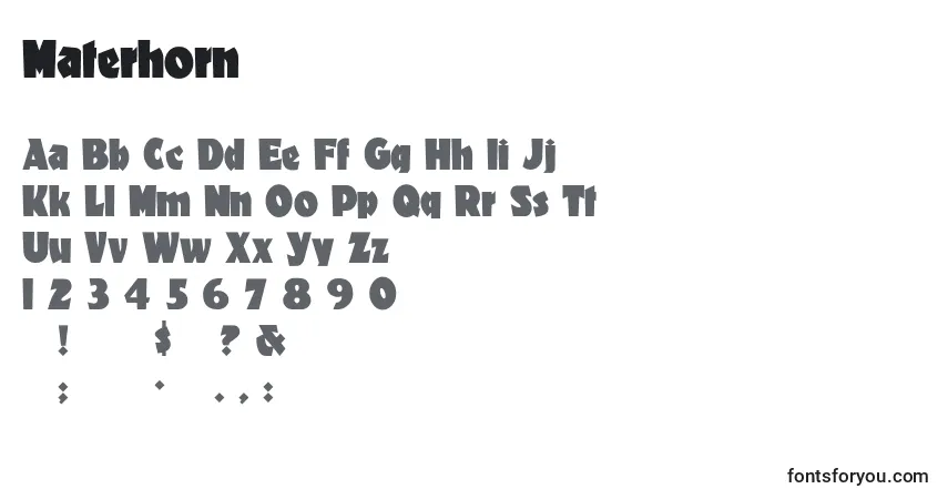 Czcionka Materhorn – alfabet, cyfry, specjalne znaki