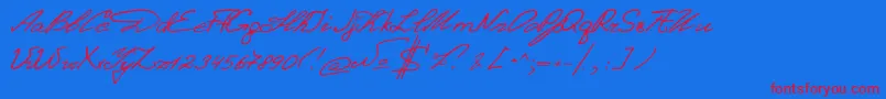 DenistinaEn-Schriftart – Rote Schriften auf blauem Hintergrund