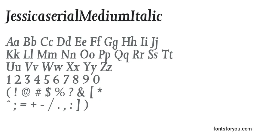 A fonte JessicaserialMediumItalic – alfabeto, números, caracteres especiais