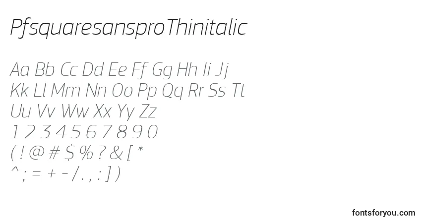 Czcionka PfsquaresansproThinitalic – alfabet, cyfry, specjalne znaki