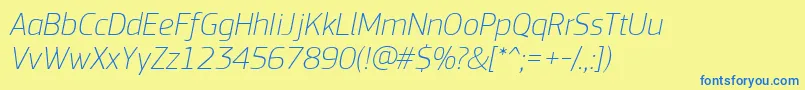 Fonte PfsquaresansproThinitalic – fontes azuis em um fundo amarelo