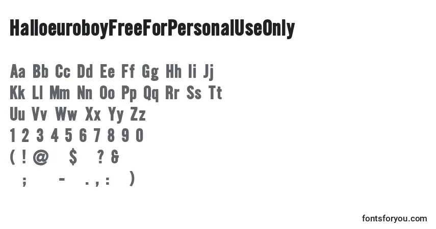 Czcionka HalloeuroboyFreeForPersonalUseOnly – alfabet, cyfry, specjalne znaki