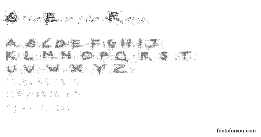 Czcionka BrokenEverywhereRegular – alfabet, cyfry, specjalne znaki
