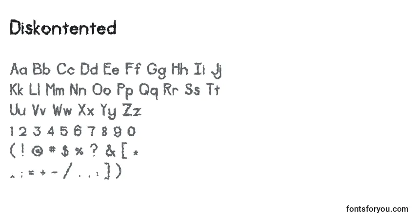 Czcionka Diskontented – alfabet, cyfry, specjalne znaki