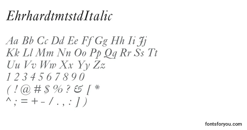 Czcionka EhrhardtmtstdItalic – alfabet, cyfry, specjalne znaki