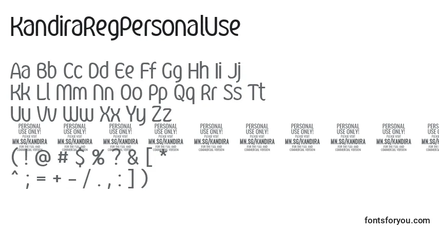 A fonte KandiraRegPersonalUse – alfabeto, números, caracteres especiais